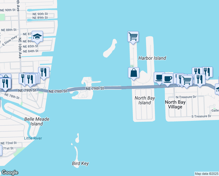 map of restaurants, bars, coffee shops, grocery stores, and more near John F Kennedy Causeway in Miami