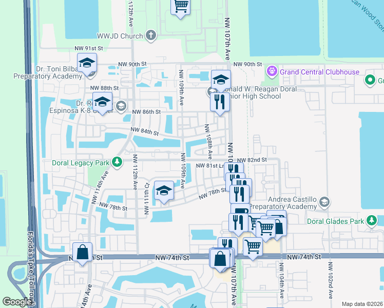map of restaurants, bars, coffee shops, grocery stores, and more near 10902 Northwest 83rd Street in Doral