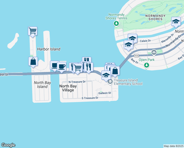 map of restaurants, bars, coffee shops, grocery stores, and more near 1700 79th Street Causeway in Miami Beach