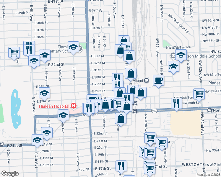 map of restaurants, bars, coffee shops, grocery stores, and more near 932 East 28th Street in Hialeah