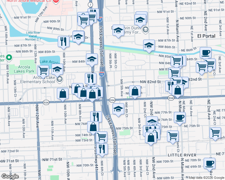 map of restaurants, bars, coffee shops, grocery stores, and more near 7970 Northwest 5th Court in Miami