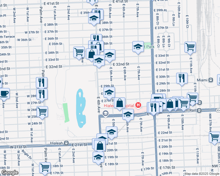 map of restaurants, bars, coffee shops, grocery stores, and more near 499 East 28th Street in Hialeah