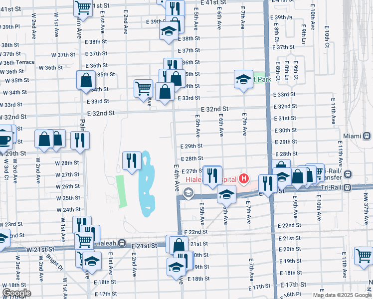 map of restaurants, bars, coffee shops, grocery stores, and more near 421 East 28th Street in Hialeah