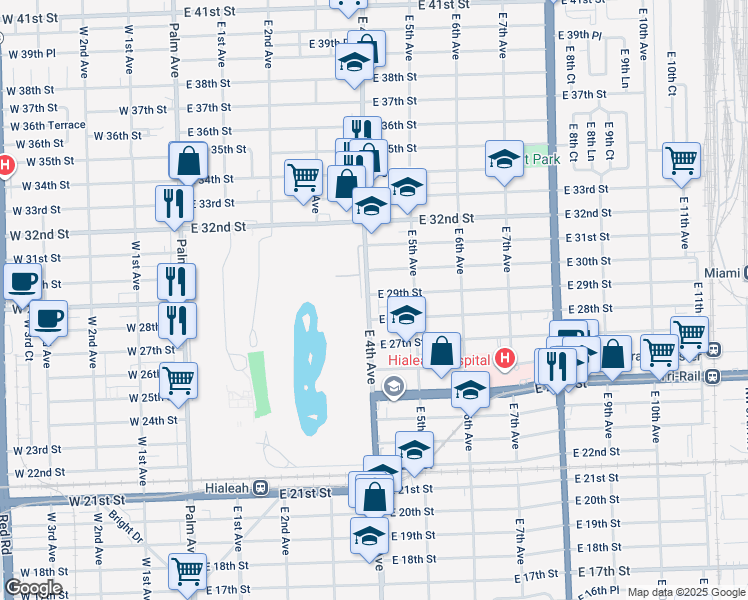 map of restaurants, bars, coffee shops, grocery stores, and more near 421 East 28th Street in Hialeah