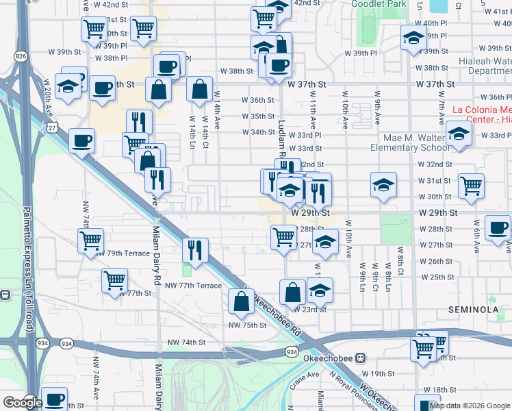 map of restaurants, bars, coffee shops, grocery stores, and more near 111 West 29th Street in Hialeah