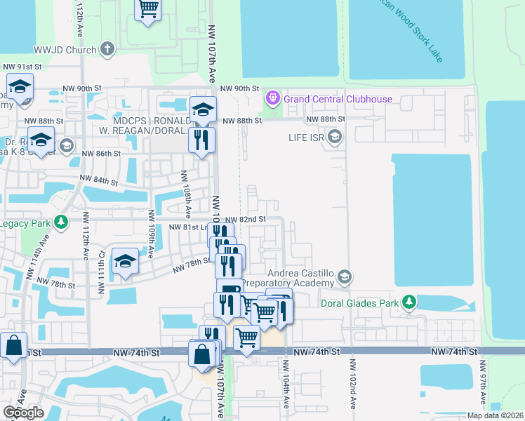 map of restaurants, bars, coffee shops, grocery stores, and more near 10419 Northwest 82nd Street in Doral