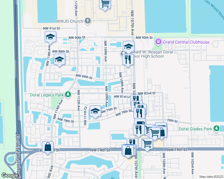 map of restaurants, bars, coffee shops, grocery stores, and more near 10902 Northwest 83rd Street in Doral