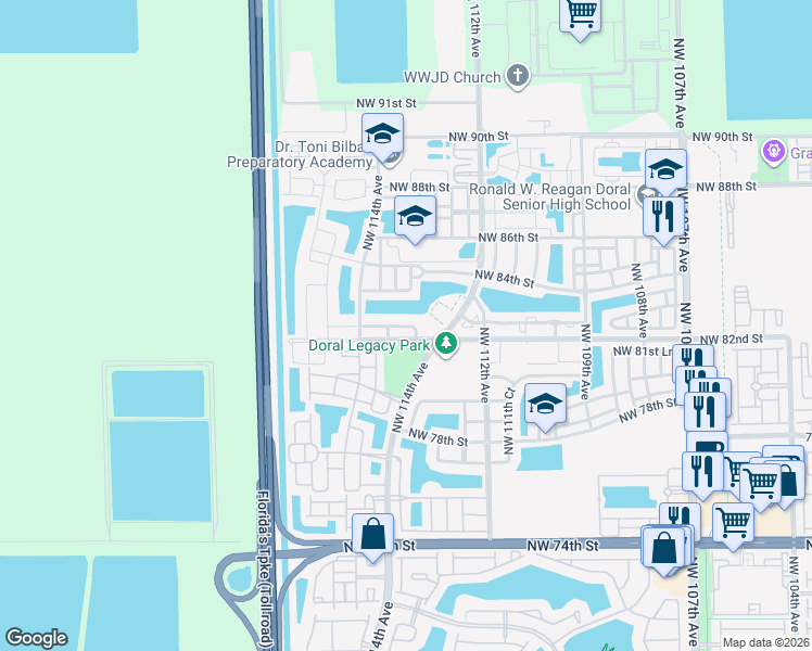 map of restaurants, bars, coffee shops, grocery stores, and more near 11360 Northwest 82nd Terrace in Doral