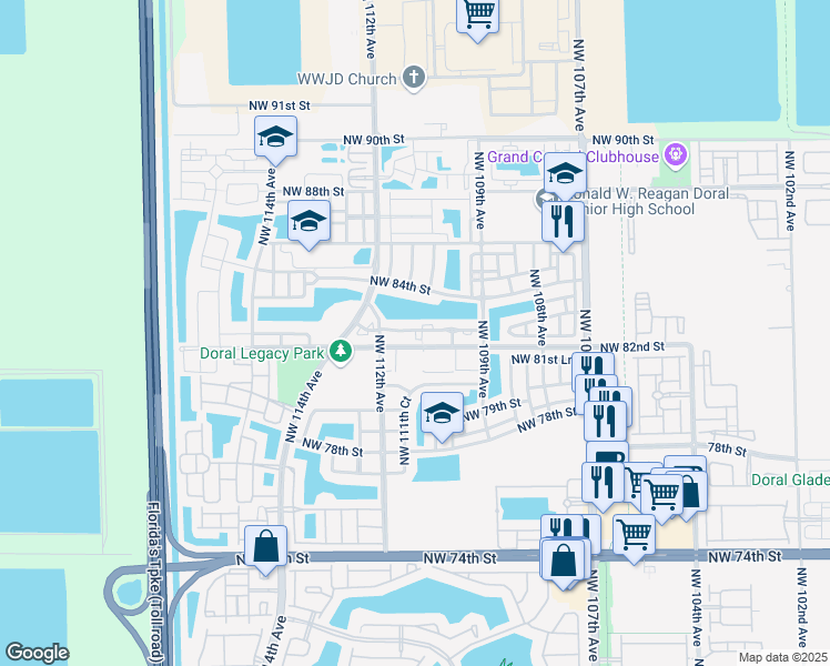 map of restaurants, bars, coffee shops, grocery stores, and more near 11102 Northwest 83rd Street in Doral