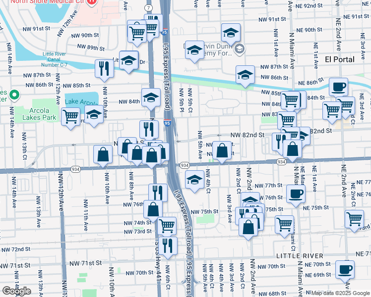 map of restaurants, bars, coffee shops, grocery stores, and more near 7970 Northwest 5th Court in Miami