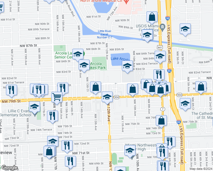 map of restaurants, bars, coffee shops, grocery stores, and more near 8040-8042 Northwest 12th Avenue in Miami