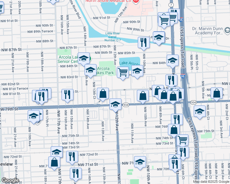 map of restaurants, bars, coffee shops, grocery stores, and more near 8040-8042 Northwest 12th Avenue in Miami