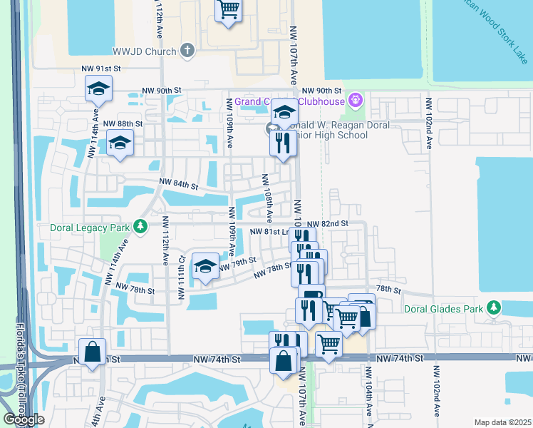 map of restaurants, bars, coffee shops, grocery stores, and more near 10950 Northwest 82nd Street in Doral