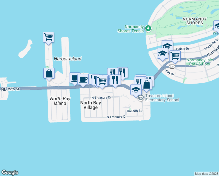 map of restaurants, bars, coffee shops, grocery stores, and more near 1666 79th Street Causeway in North Bay Village