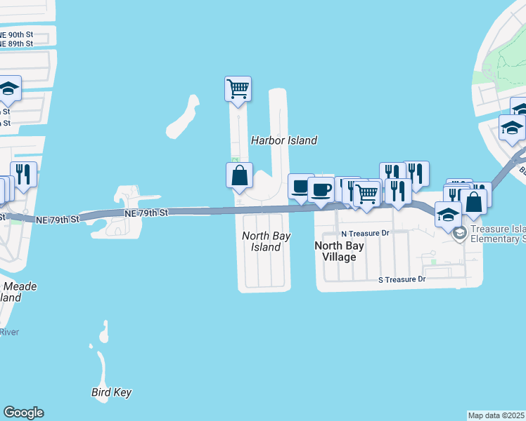 map of restaurants, bars, coffee shops, grocery stores, and more near John F Kennedy Causeway & East Dr & 79th Street Causeway in North Bay Village