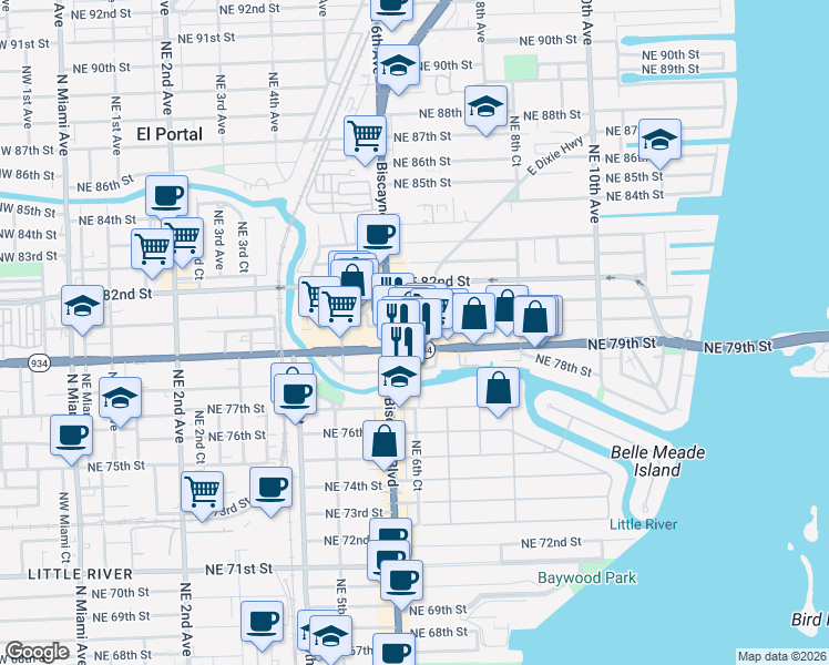 map of restaurants, bars, coffee shops, grocery stores, and more near in Miami