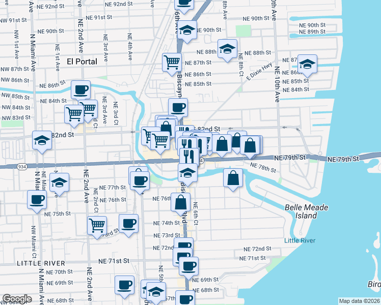 map of restaurants, bars, coffee shops, grocery stores, and more near in Miami