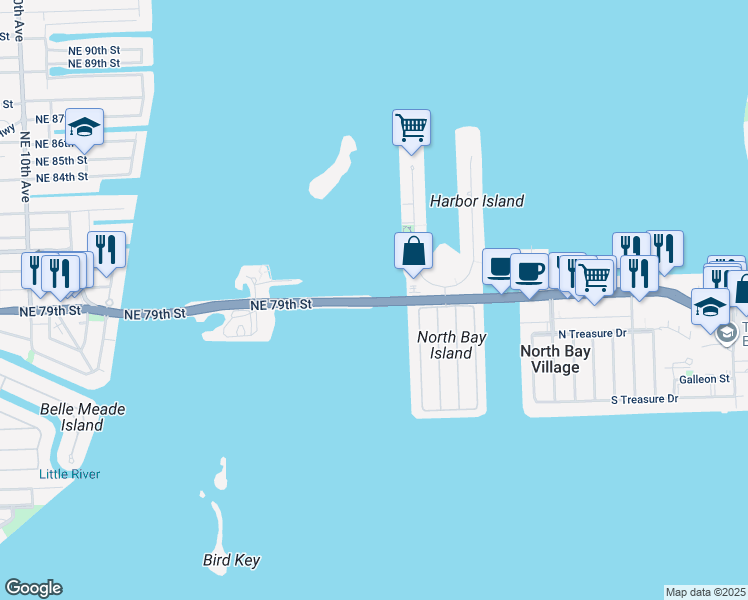 map of restaurants, bars, coffee shops, grocery stores, and more near 1440 Northeast 79th Street in North Bay Village