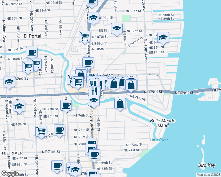 map of restaurants, bars, coffee shops, grocery stores, and more near in Miami