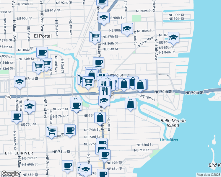 map of restaurants, bars, coffee shops, grocery stores, and more near in Miami
