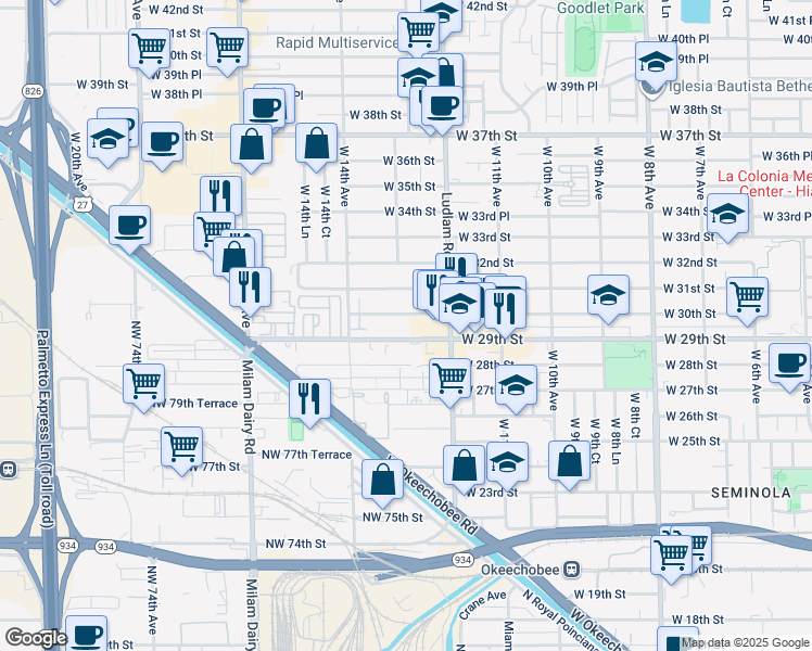 map of restaurants, bars, coffee shops, grocery stores, and more near 111 West 29th Street in Hialeah