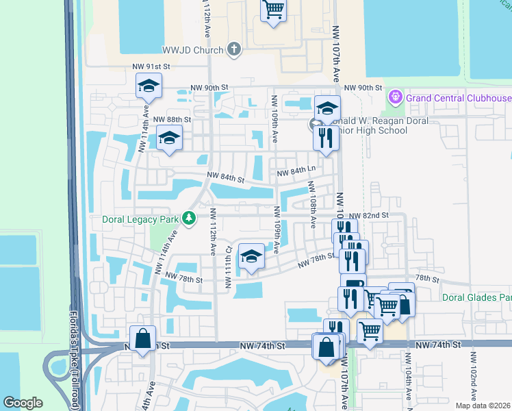 map of restaurants, bars, coffee shops, grocery stores, and more near 11002 Northwest 83rd Street in Doral