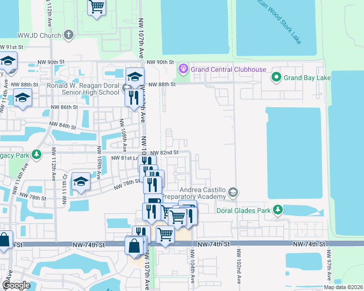 map of restaurants, bars, coffee shops, grocery stores, and more near 10401 Northwest 82nd Street in Doral