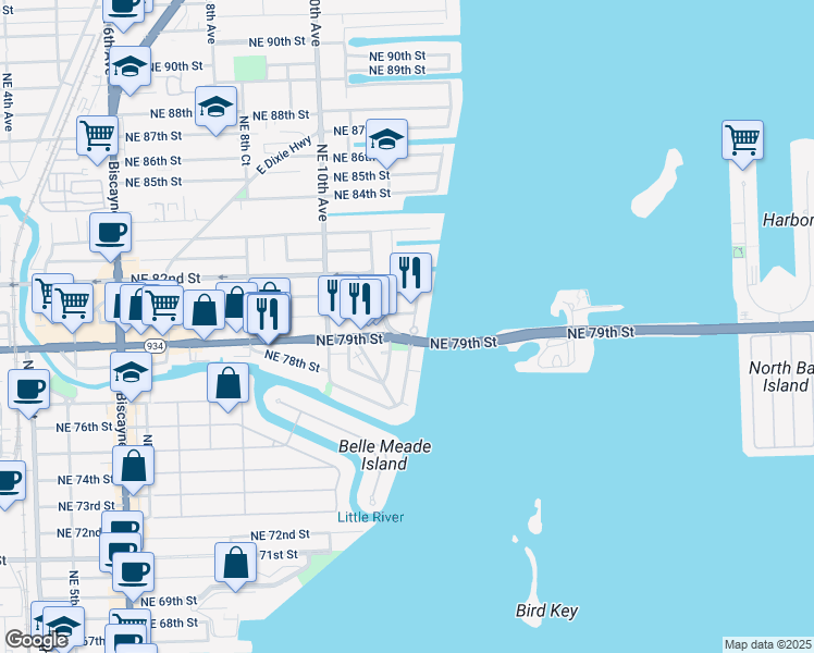 map of restaurants, bars, coffee shops, grocery stores, and more near 7950 Northeast Bayshore Court in Miami