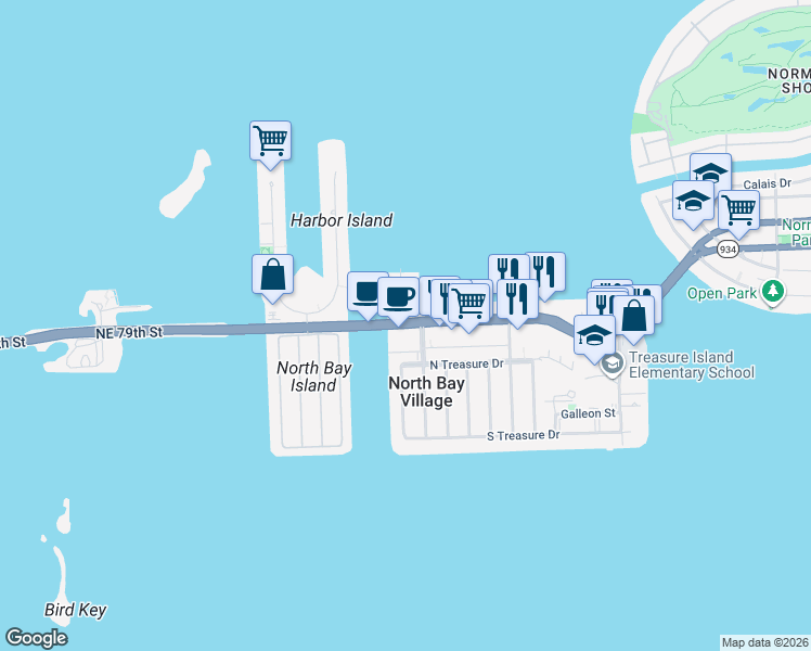 map of restaurants, bars, coffee shops, grocery stores, and more near N Bay Causeway & 79th Street Causeway in North Bay Village