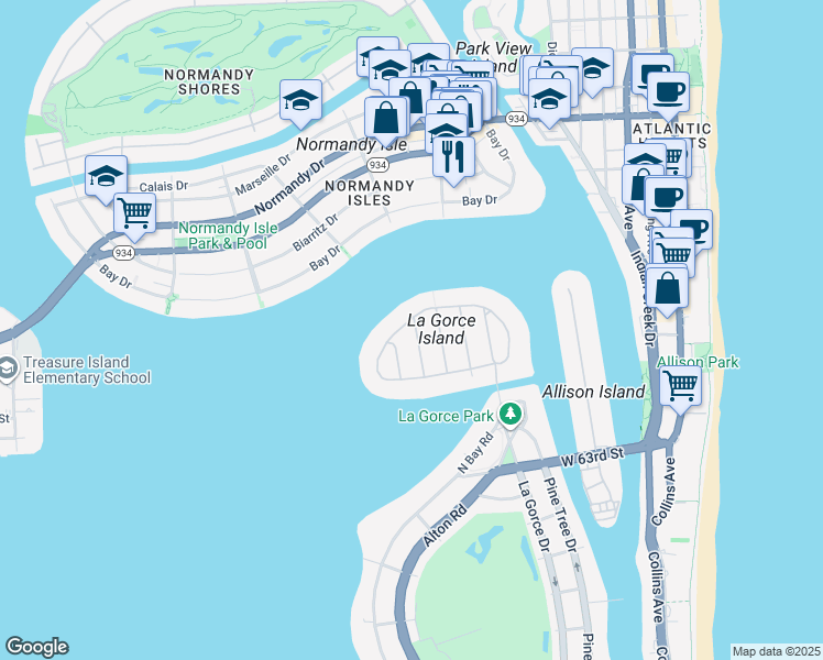 map of restaurants, bars, coffee shops, grocery stores, and more near 41 Lagorce Circle in Miami Beach
