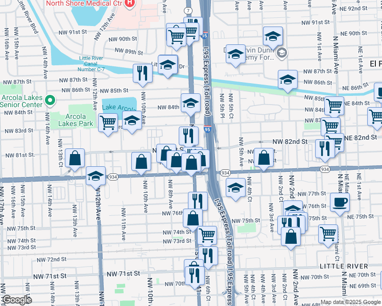 map of restaurants, bars, coffee shops, grocery stores, and more near 8020 Northwest 7th Avenue in Miami