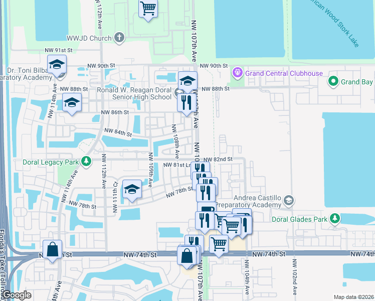 map of restaurants, bars, coffee shops, grocery stores, and more near 10751 Northwest 81st Lane in Doral