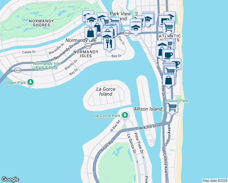 map of restaurants, bars, coffee shops, grocery stores, and more near 6633 Roxbury Lane in Miami Beach