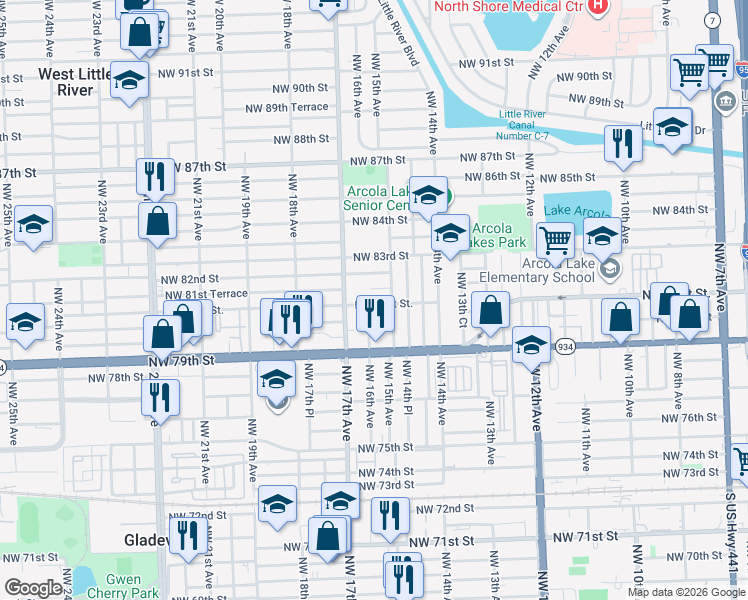 map of restaurants, bars, coffee shops, grocery stores, and more near 8022 Northwest 16th Avenue in Miami