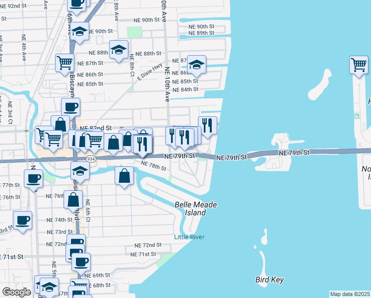 map of restaurants, bars, coffee shops, grocery stores, and more near in Miami