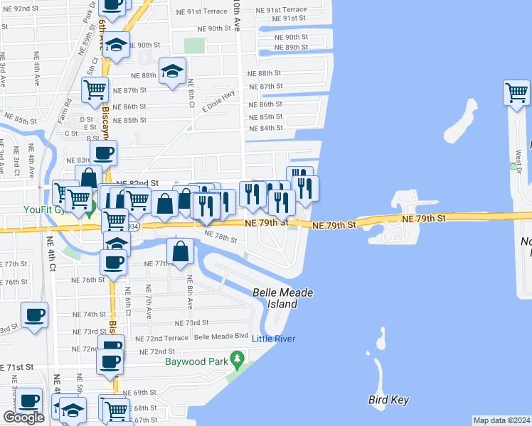 map of restaurants, bars, coffee shops, grocery stores, and more near in Miami