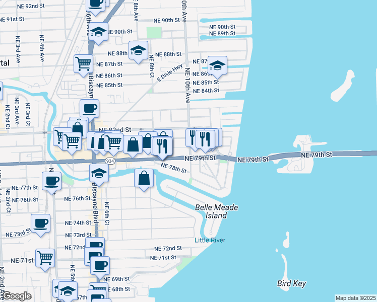 map of restaurants, bars, coffee shops, grocery stores, and more near 990 Northeast 79th Street in Miami