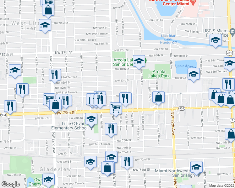 map of restaurants, bars, coffee shops, grocery stores, and more near 8022 Northwest 16th Avenue in Miami