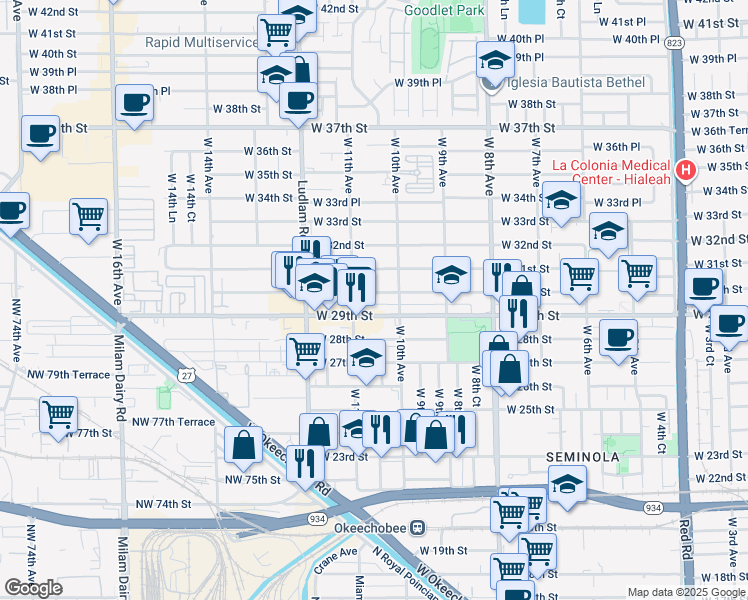 map of restaurants, bars, coffee shops, grocery stores, and more near in Hialeah