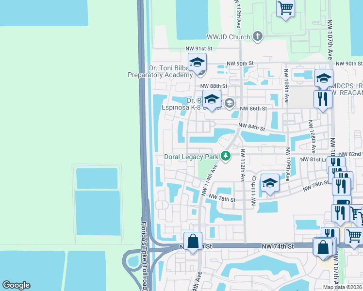 map of restaurants, bars, coffee shops, grocery stores, and more near 11450 Northwest 82nd Terrace in Doral