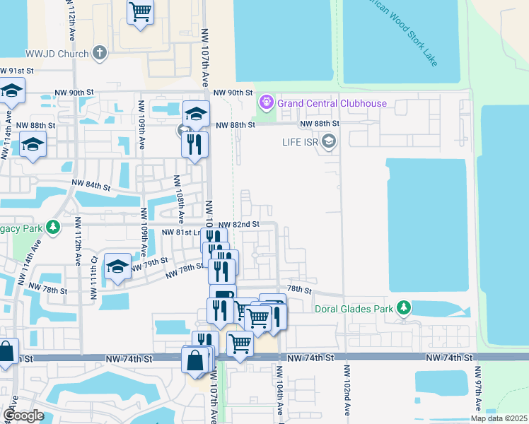 map of restaurants, bars, coffee shops, grocery stores, and more near 10401 Northwest 82nd Street in Doral