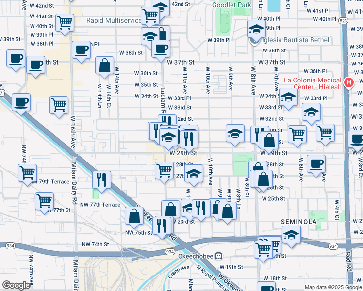 map of restaurants, bars, coffee shops, grocery stores, and more near 1167 West 29th Street in Hialeah
