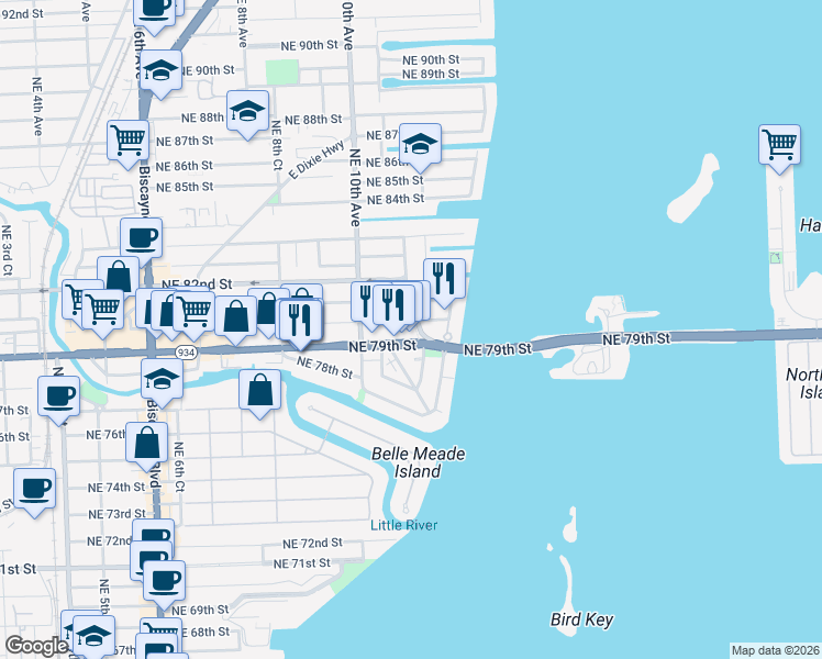 map of restaurants, bars, coffee shops, grocery stores, and more near 7936 North Bayshore Drive in Miami