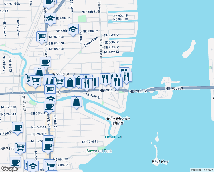 map of restaurants, bars, coffee shops, grocery stores, and more near 990 Northeast 79th Street in Miami