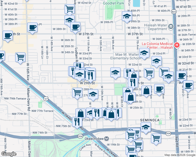 map of restaurants, bars, coffee shops, grocery stores, and more near 1006 West 29th Street in Hialeah