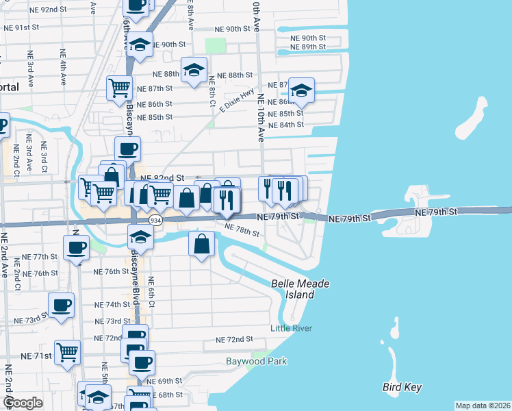 map of restaurants, bars, coffee shops, grocery stores, and more near 990 Northeast 79th Street in Miami