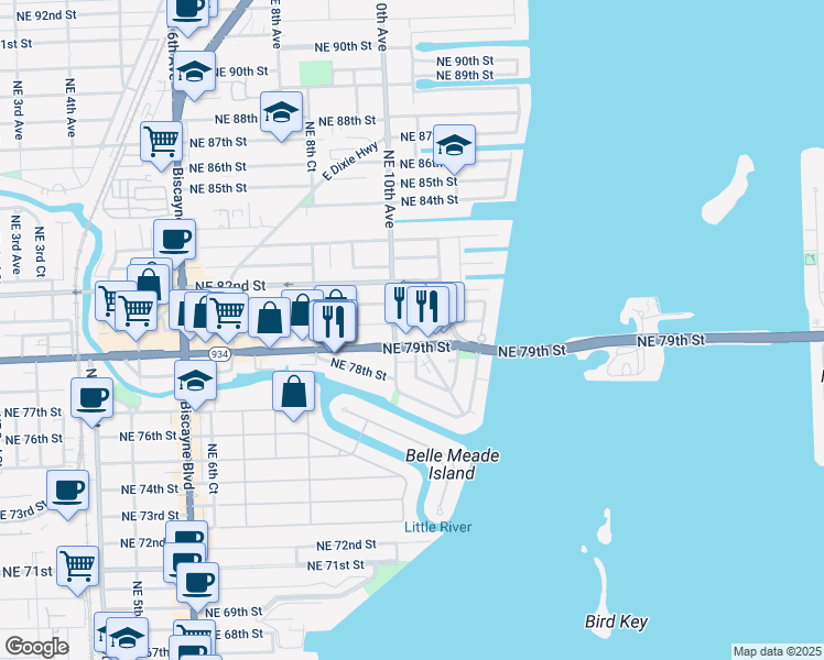 map of restaurants, bars, coffee shops, grocery stores, and more near 1030 Northeast 80th Street in Miami