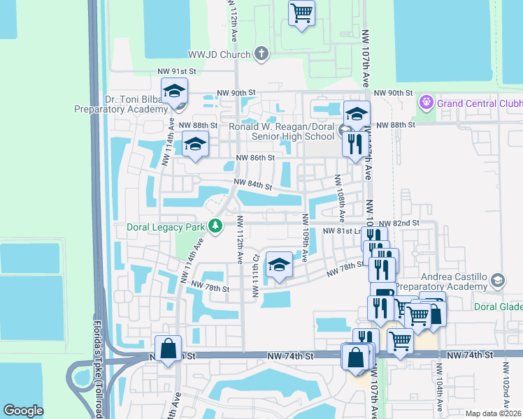 map of restaurants, bars, coffee shops, grocery stores, and more near 11102 Northwest 83rd Street in Doral
