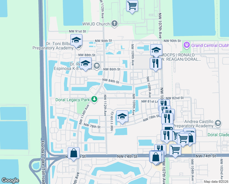 map of restaurants, bars, coffee shops, grocery stores, and more near 11102 Northwest 83rd Street in Doral