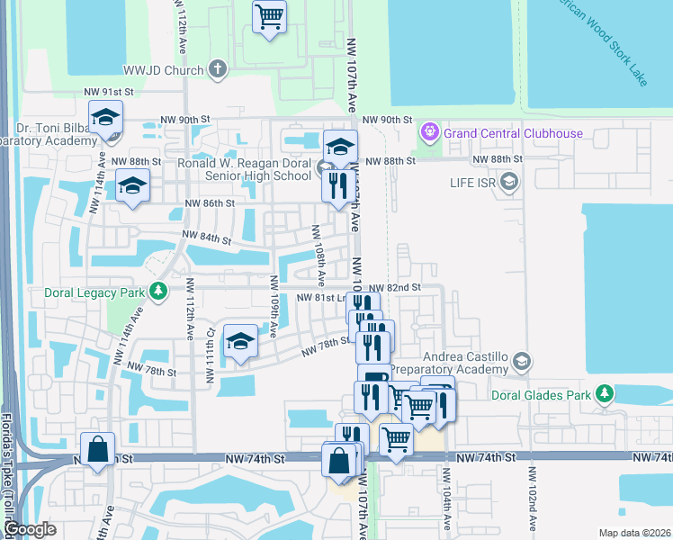 map of restaurants, bars, coffee shops, grocery stores, and more near 10751 Northwest 81st Lane in Doral